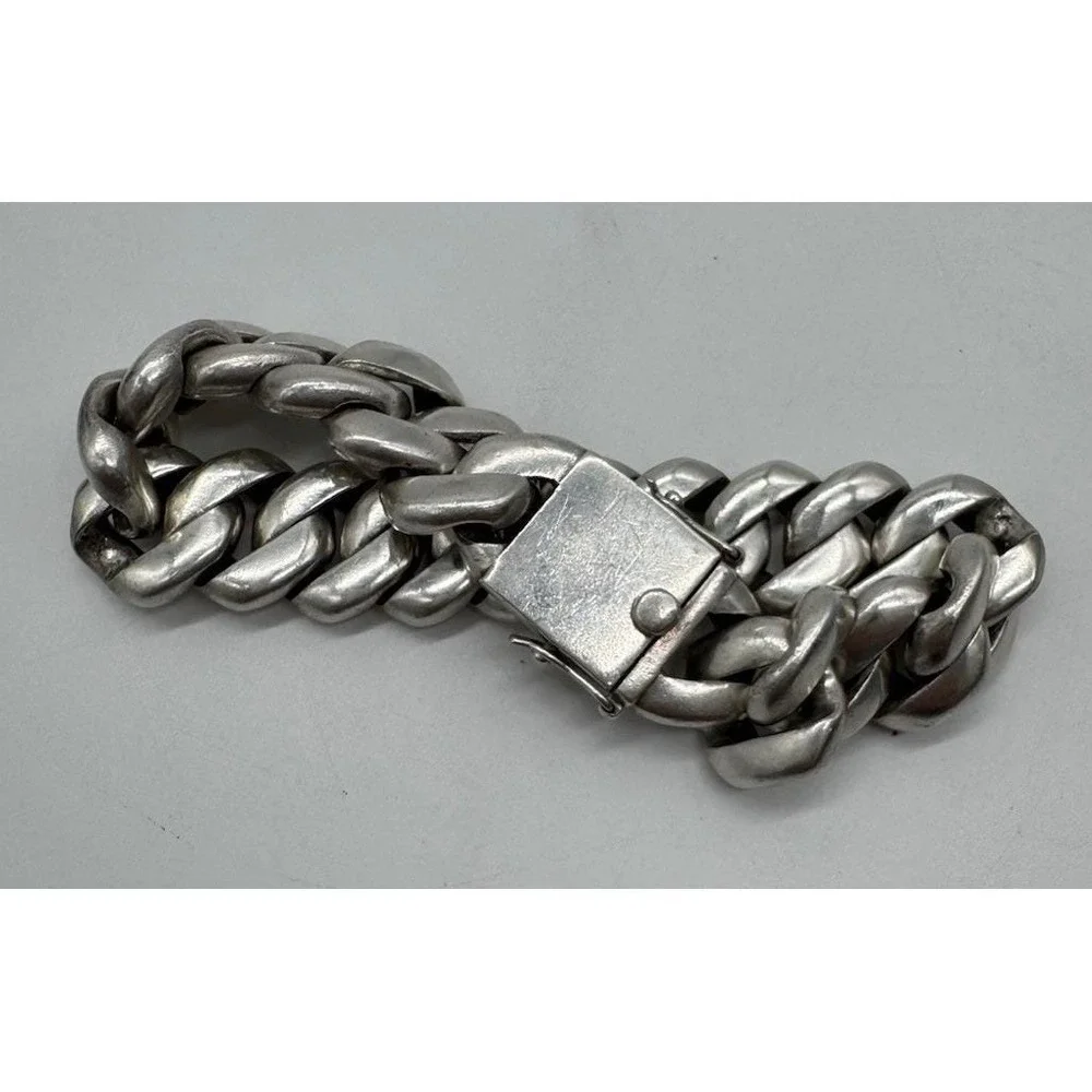 Vintage Heavy 183g Curb Link Chain Bracelet Silver Tone 22mm Wide 9.5in Clasp